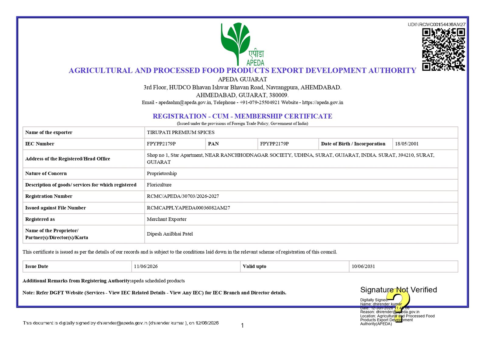 APEDA Certificate